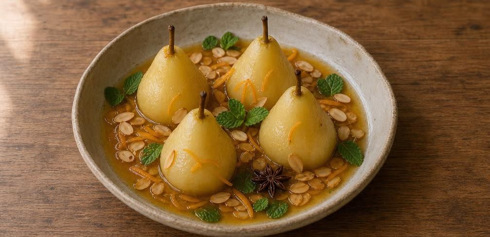 Marokkanisch pochierte Birnen in Gewürz-Orangensaft mit Mandeln – Zubereitung Schritt für Schritt – Anrichten
