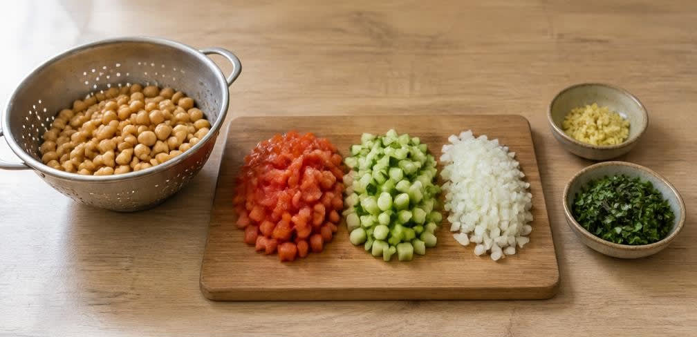 Pakistanischer Chana Chaat mit Zitronen-Dressing – Zubereitung Schritt für Schritt – Gemüse und Kräuter vorbereiten
