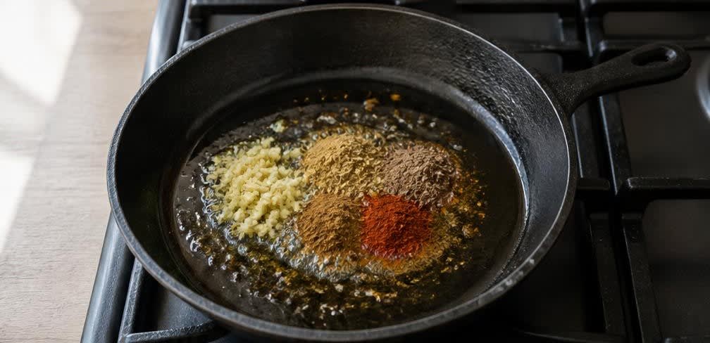 Pakistanischer Chana Chaat mit Zitronen-Dressing – Zubereitung Schritt für Schritt – Gewürze anrösten