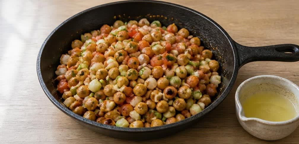 Pakistanischer Chana Chaat mit Zitronen-Dressing – Zubereitung Schritt für Schritt – Gemüse und Zitronensaft hinzufügen