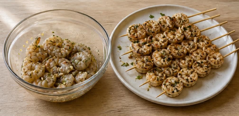 Thailändische Garnelen-Spieße mit Limette und Knoblauch – Zubereitung Schritt für Schritt – Garnelen marinieren und aufspießen