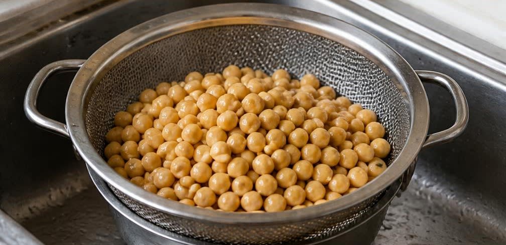 Warm gedämpfte Kichererbsen mit Zitronen-Knoblauch-Olivenöl – Zubereitung Schritt für Schritt – Kichererbsen abspülen