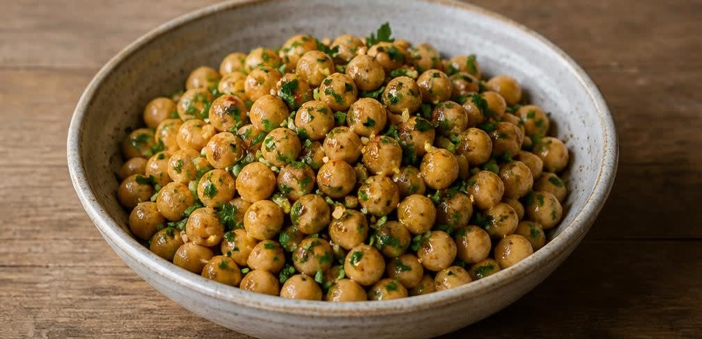 Warm gedämpfte Kichererbsen mit Zitronen-Knoblauch-Olivenöl – Zubereitung Schritt für Schritt – Anrichten