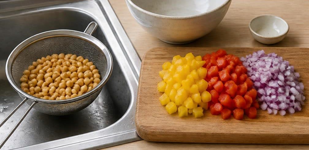 Marokkanischer Kichererbsen-Salat mit Paprika – Zubereitung Schritt für Schritt – Kichererbsen abspülen, Gemüse schneiden