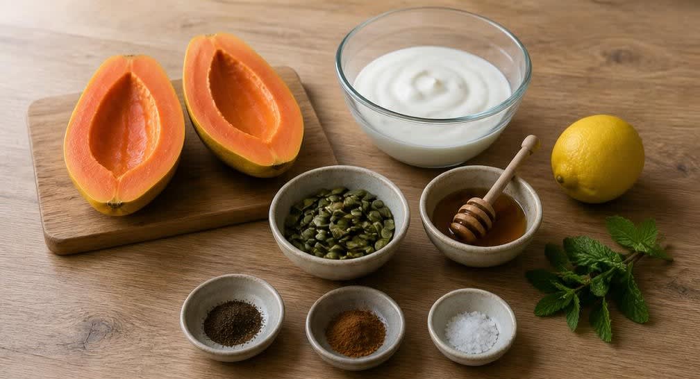 Brasilianische Papaya-Schale mit Naturjoghurt und Kürbiskernen – Zutaten