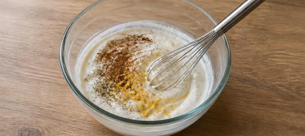 Brasilianische Papaya-Schale mit Naturjoghurt und Kürbiskernen – Zubereitung Schritt für Schritt – Gewürzten Joghurt herstellen