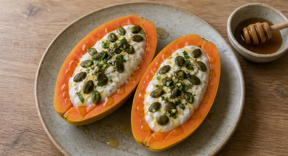 Brasilianische Papaya-Schale mit Naturjoghurt und Kürbiskernen – Zubereitung Schritt für Schritt – Papaya anrichten