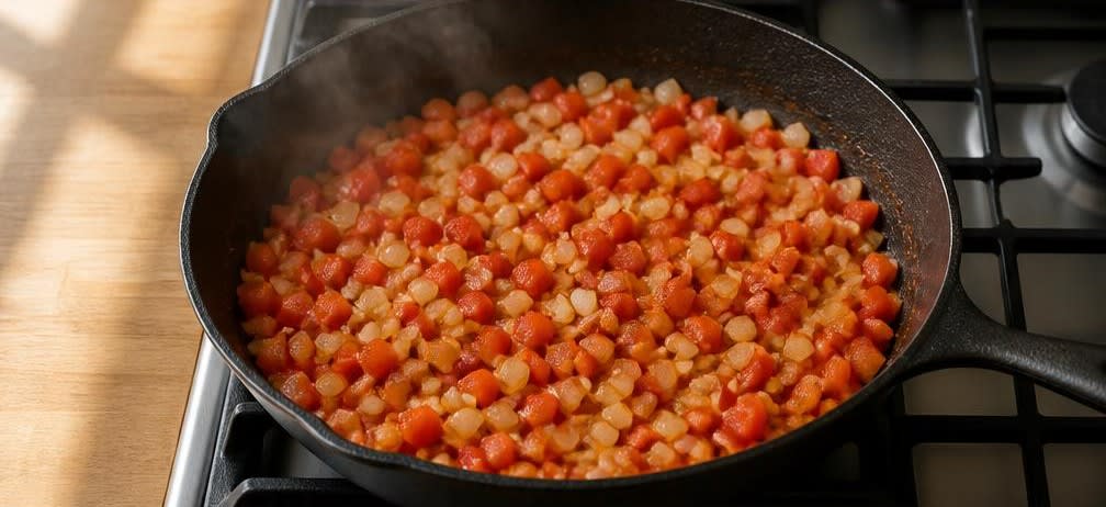 Spinat-Shakshuka mit Ei – Zubereitung Schritt für Schritt – Zwiebeln und Paprika andünsten