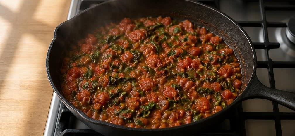 Spinat-Shakshuka mit Ei – Zubereitung Schritt für Schritt – Spinat-Tomaten-Sauce herstellen