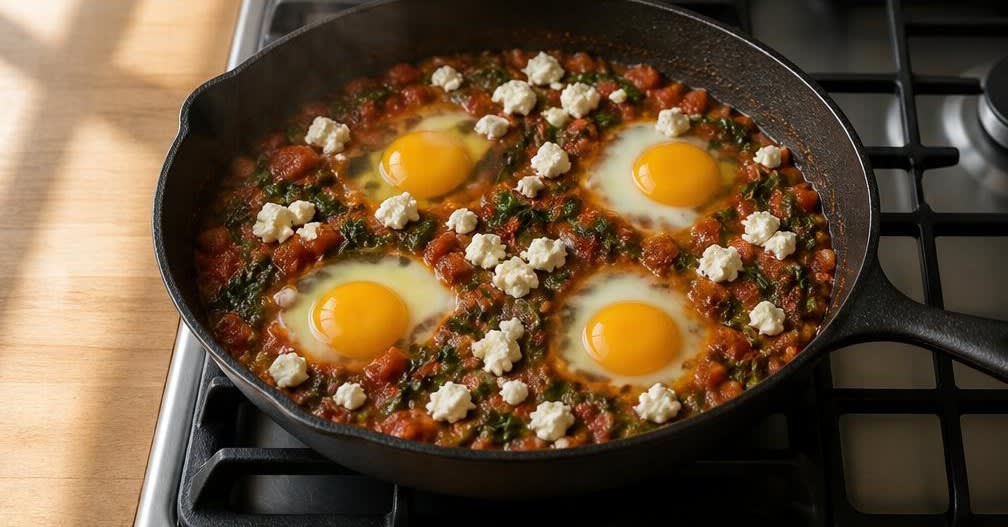 Spinat-Shakshuka mit Ei – Zubereitung Schritt für Schritt – Eier und Feta einbetten