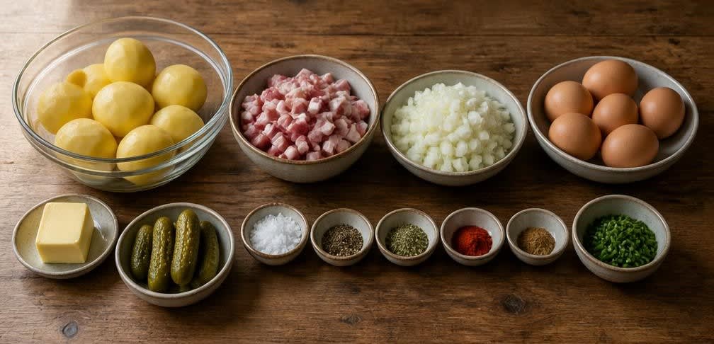 Klassisches Bauernfrühstück mit kross ausgelassenem Speck – Zutaten