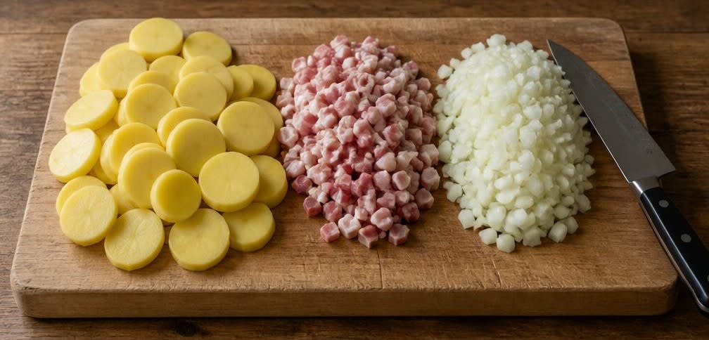 Klassisches Bauernfrühstück mit kross ausgelassenem Speck – Zubereitung Schritt für Schritt – Zutaten vorbereiten