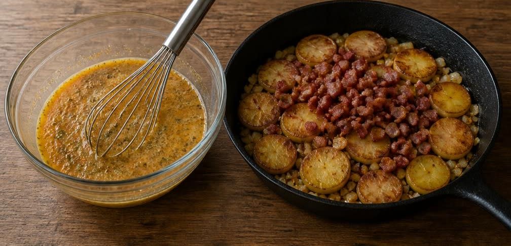Klassisches Bauernfrühstück mit kross ausgelassenem Speck – Zubereitung Schritt für Schritt – Eiermasse herstellen und Speck hinzufügen