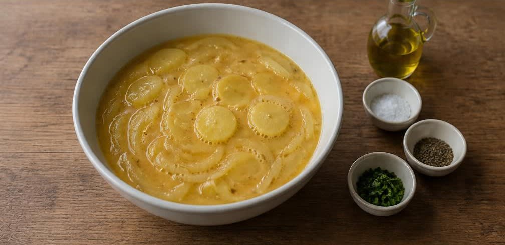 Klassische Tortilla Española mit sanft gestocktem Ei – Zubereitung Schritt für Schritt – Mischung vorbereiten