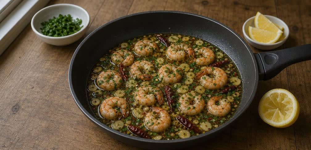Gambas al Ajillo mit ruhendem Knoblauch – Zubereitung Schritt für Schritt – Petersilie und Zitrone hinzufügen