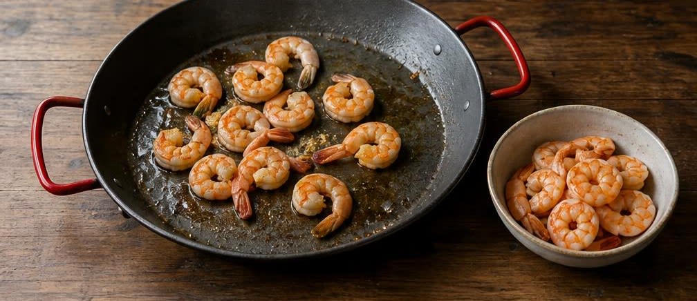 Spanische Paella mit unpoliertem Vollkornreis – Zubereitung Schritt für Schritt – Garnelen anbraten