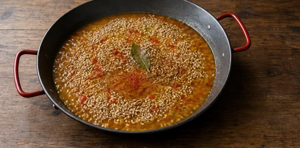 Spanische Paella mit unpoliertem Vollkornreis – Zubereitung Schritt für Schritt – Reis und Brühe hinzufügen
