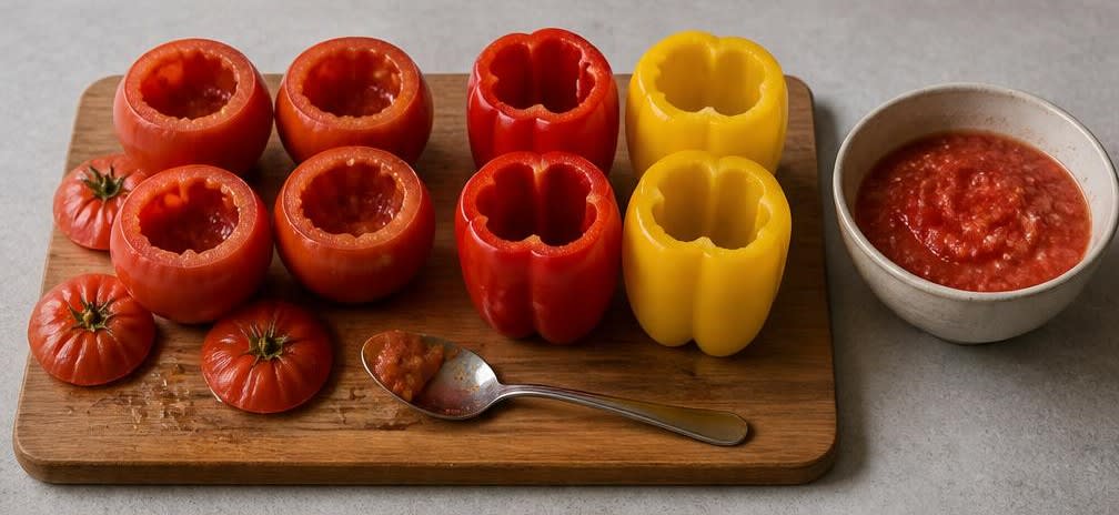 Griechische Gemista mit Kräuterreis und Olivenöl – Zubereitung Schritt für Schritt – Gemüse vorbereiten und Tomatenfruchtfleisch pürieren