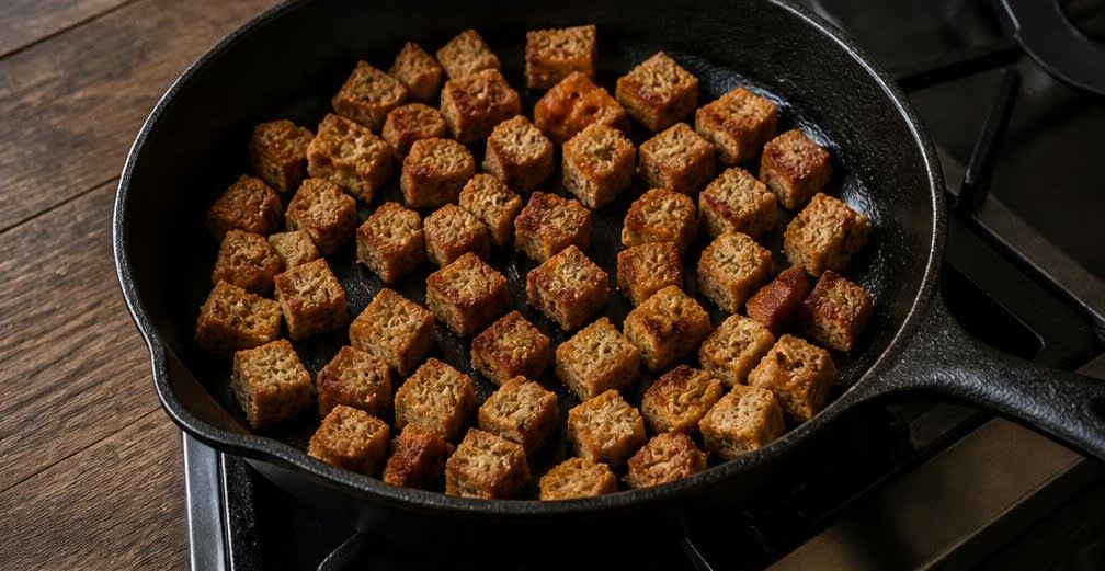 Griechischer Bauernsalat mit emulgiertem Dressing und Vollkorn-Croutons – Zubereitung Schritt für Schritt – Croutons rösten