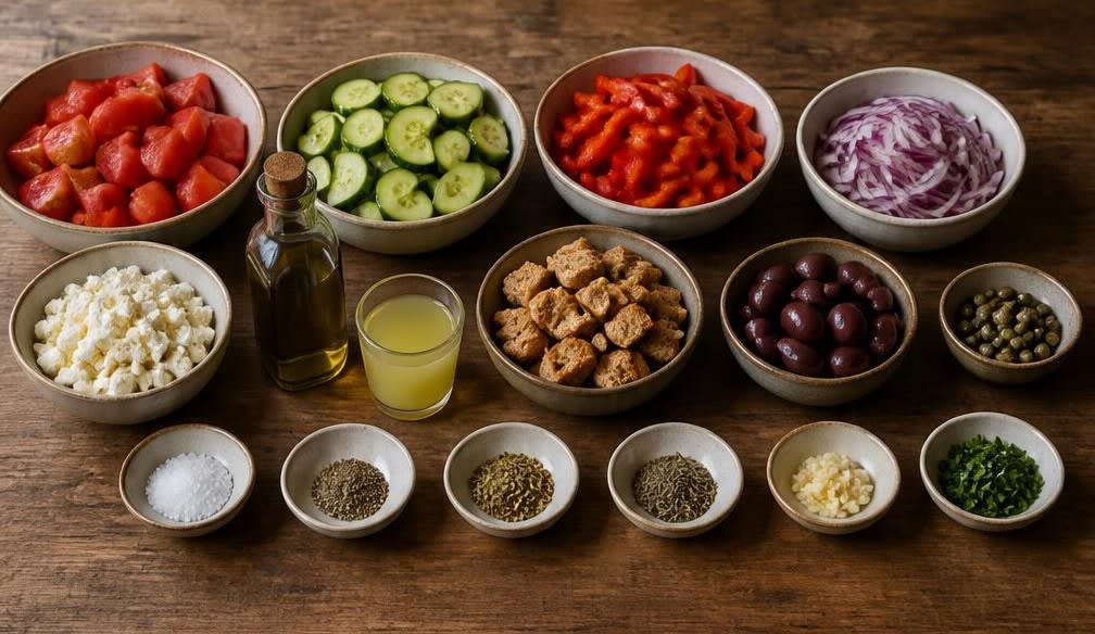 Griechischer Bauernsalat mit emulgiertem Dressing und Vollkorn-Croutons – Zutaten