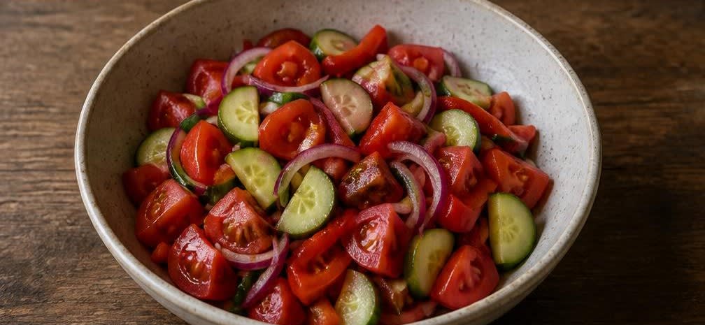 Griechischer Bauernsalat mit emulgiertem Dressing und Vollkorn-Croutons – Zubereitung Schritt für Schritt – Gemüse mischen