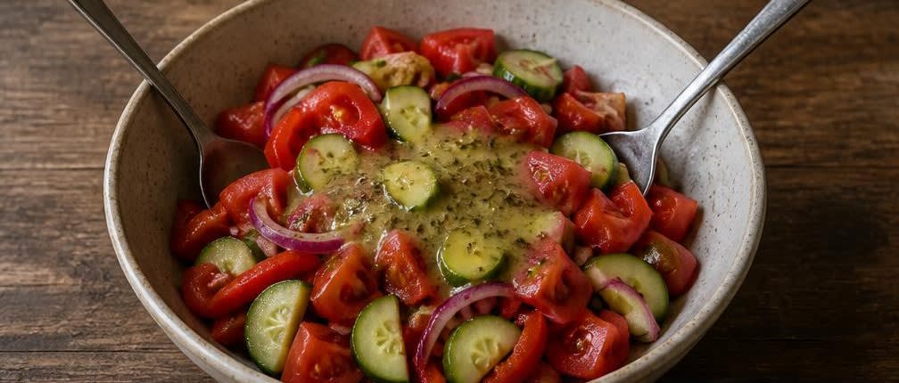 Griechischer Bauernsalat mit emulgiertem Dressing und Vollkorn-Croutons – Zubereitung Schritt für Schritt – Dressing unterheben
