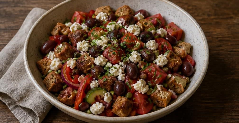 Griechischer Bauernsalat mit emulgiertem Dressing und Vollkorn-Croutons – Zubereitung Schritt für Schritt – Salat anrichten