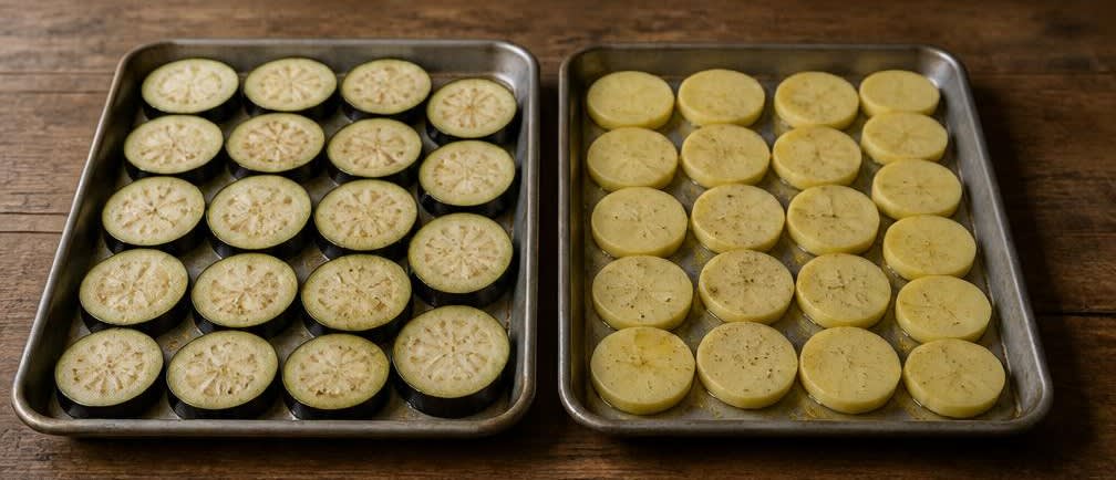 Moussaka mit Olivenöl-Béchamel – Zubereitung Schritt für Schritt – Auberginen und Kartoffeln vorgaren