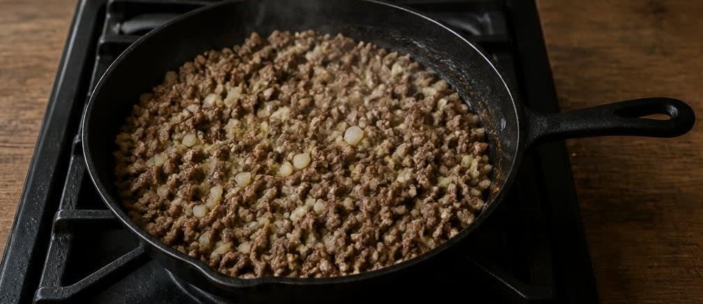 Moussaka mit Olivenöl-Béchamel – Zubereitung Schritt für Schritt – Hackfleisch anbraten