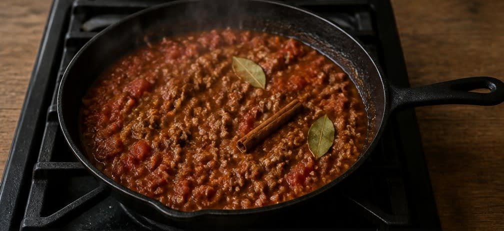 Moussaka mit Olivenöl-Béchamel – Zubereitung Schritt für Schritt – Tomaten-Hackfleisch-Sauce herstellen