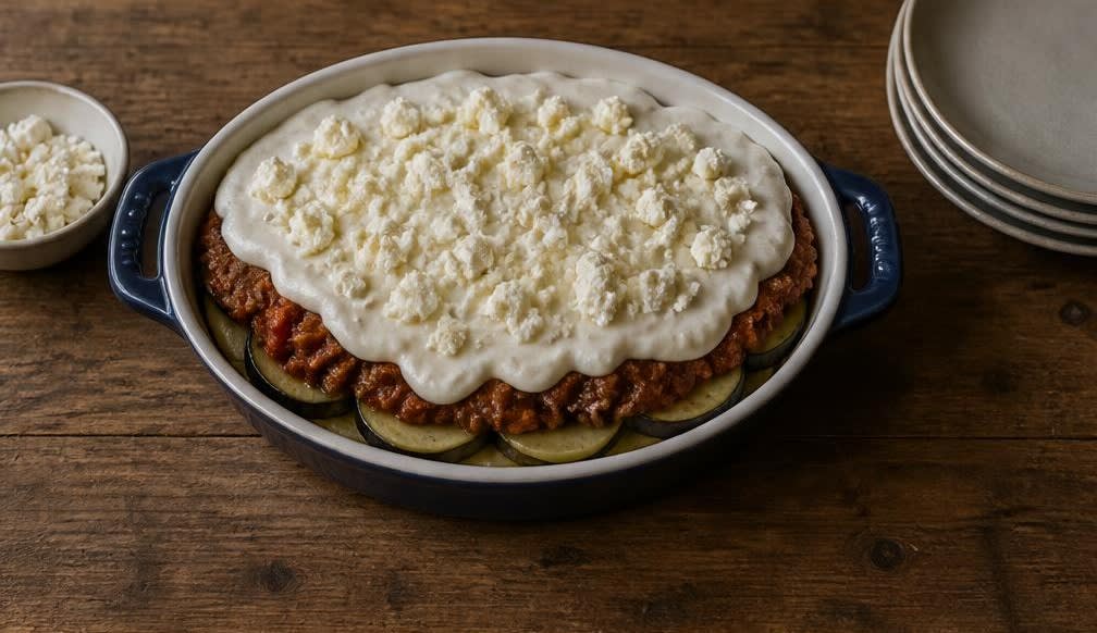 Moussaka mit Olivenöl-Béchamel – Zubereitung Schritt für Schritt – Moussaka schichten und belegen