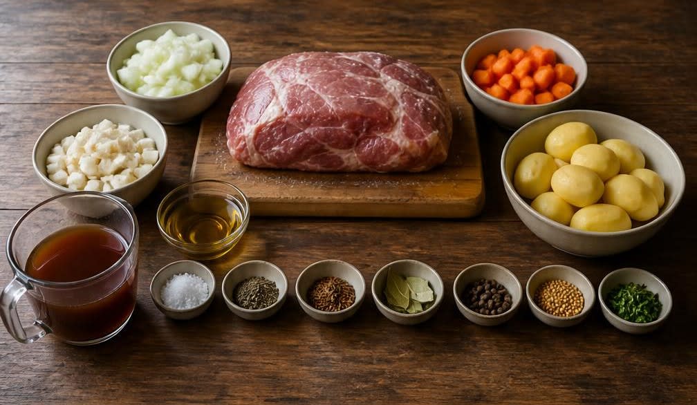 Saftig geschmorter Schweinebraten aus unbehandeltem Nacken mit Kümmelsauce – Zutaten