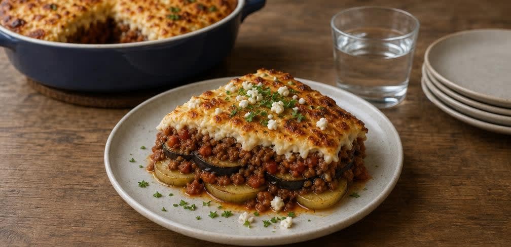 Moussaka mit Olivenöl-Béchamel – Zubereitung Schritt für Schritt – Moussaka anrichten
