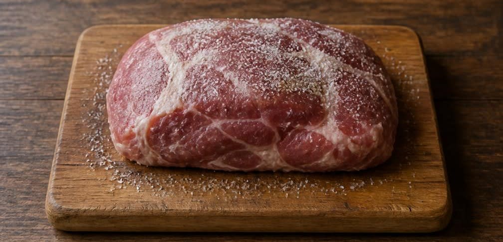 Saftig geschmorter Schweinebraten aus unbehandeltem Nacken mit Kümmelsauce – Zubereitung Schritt für Schritt – Schweinenacken salzen