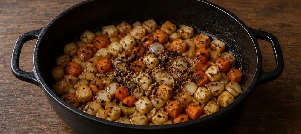 Saftig geschmorter Schweinebraten aus unbehandeltem Nacken mit Kümmelsauce – Zubereitung Schritt für Schritt – Gemüse und Gewürze anrösten