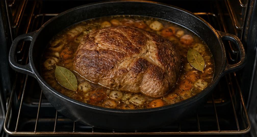 Saftig geschmorter Schweinebraten aus unbehandeltem Nacken mit Kümmelsauce – Zubereitung Schritt für Schritt – Im Ofen schmoren