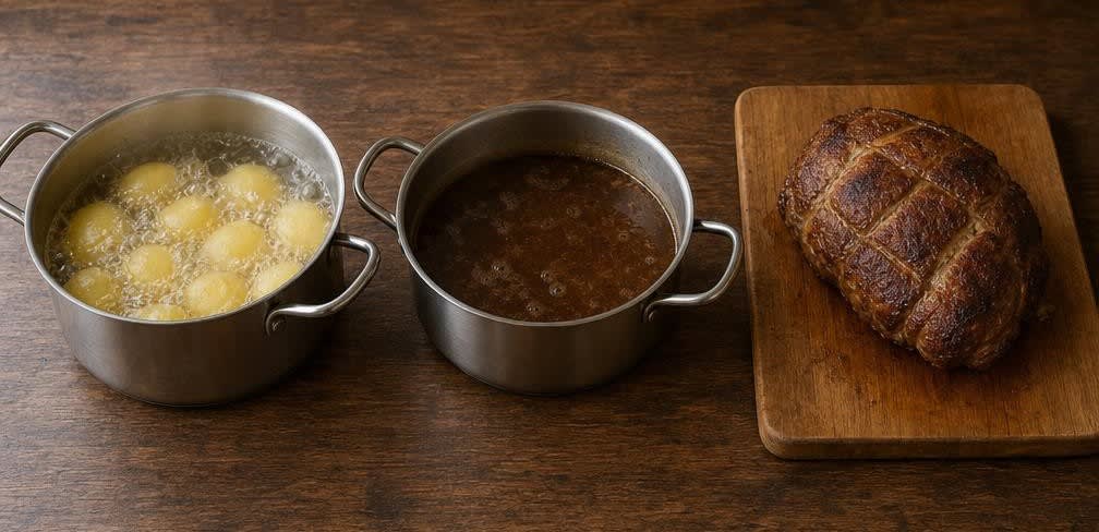 Saftig geschmorter Schweinebraten aus unbehandeltem Nacken mit Kümmelsauce – Zubereitung Schritt für Schritt – Kartoffeln kochen und Sauce herstellen
