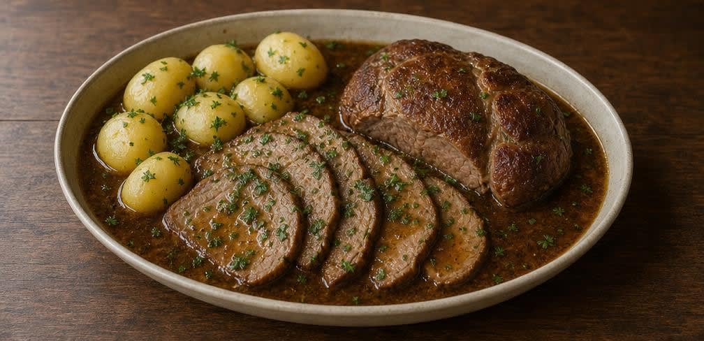 Saftig geschmorter Schweinebraten aus unbehandeltem Nacken mit Kümmelsauce – Zubereitung Schritt für Schritt – Anrichten