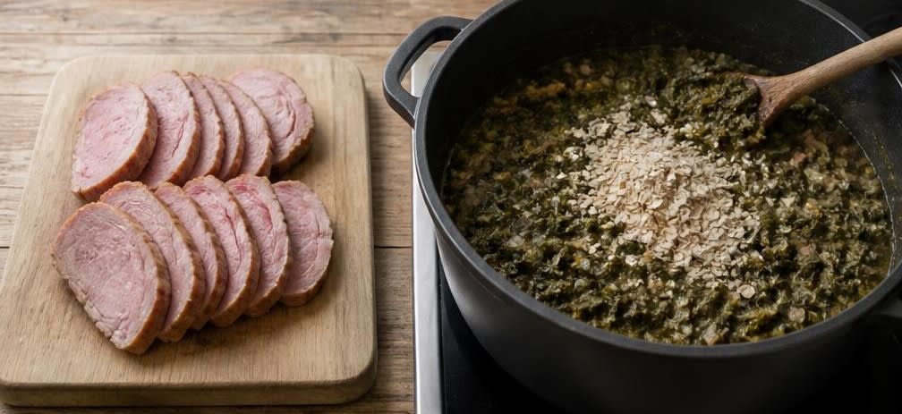 Klassischer Grünkohl mit Kassler und Speck – Zubereitung Schritt für Schritt – Kassler schneiden und Kohl binden