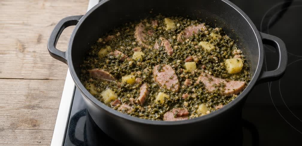Klassischer Grünkohl mit Kassler und Speck – Zubereitung Schritt für Schritt – Kohl abschmecken und mischen