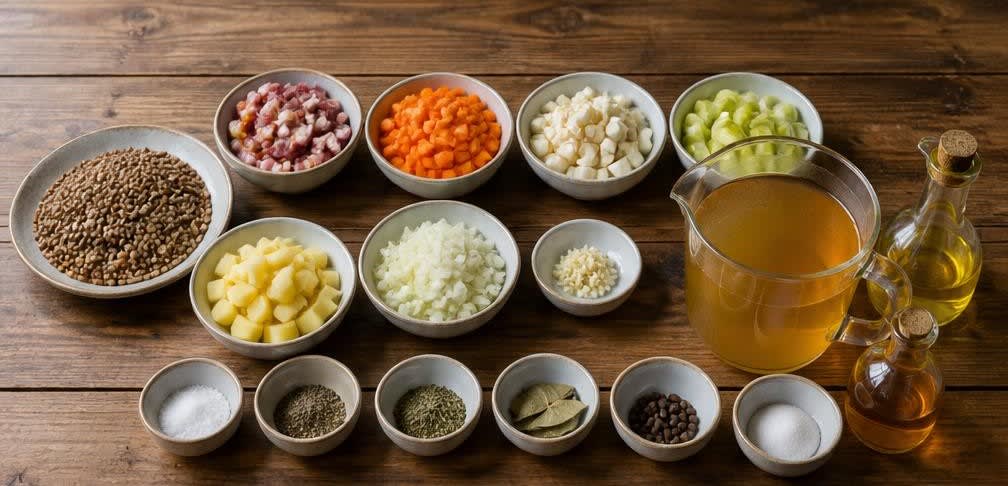 Klassische deutsche Linsensuppe aus eingeweichten Linsen – Zutaten