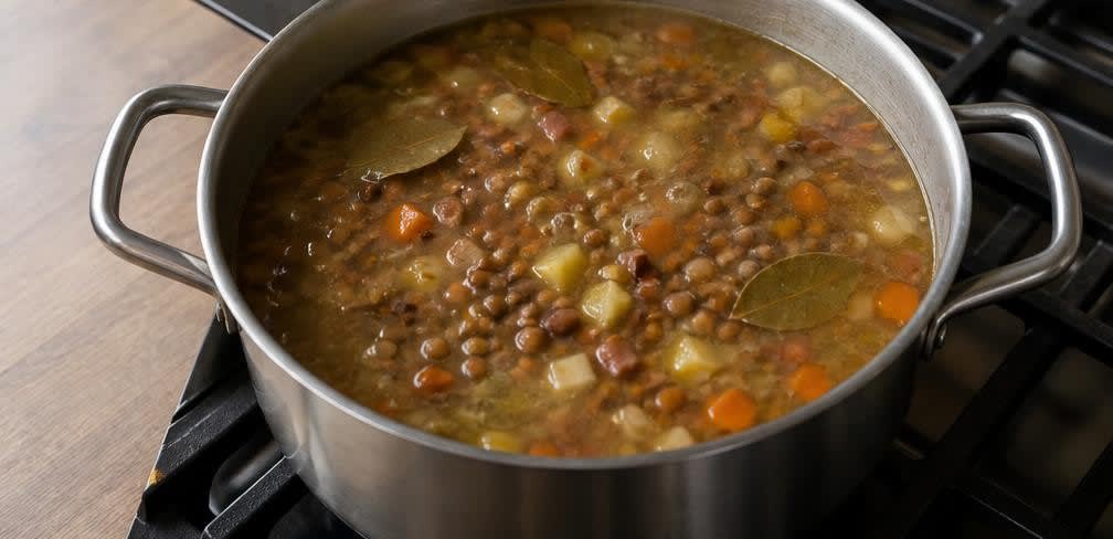Klassische deutsche Linsensuppe aus eingeweichten Linsen – Zubereitung Schritt für Schritt – Linsen und Brühe köcheln