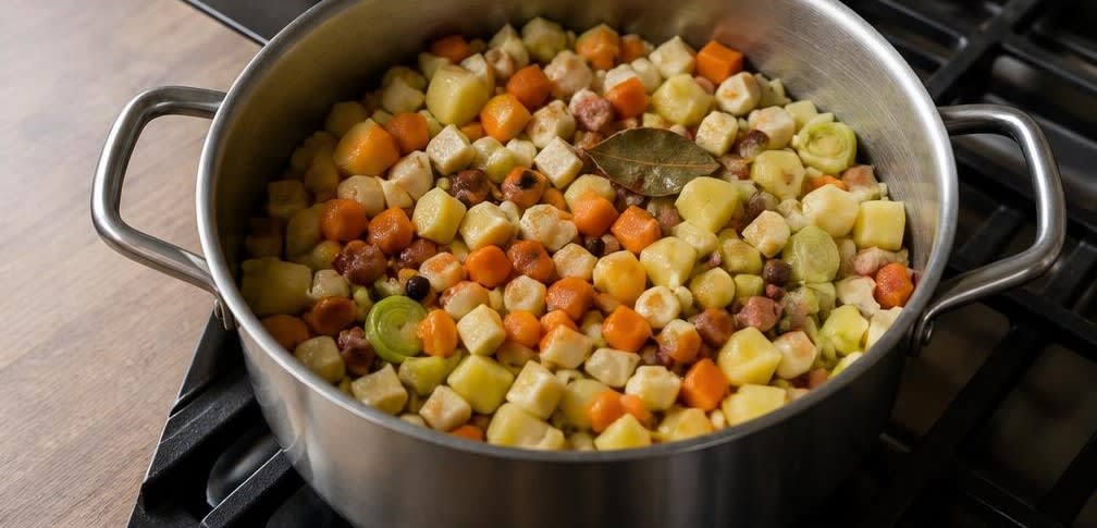 Klassische deutsche Linsensuppe aus eingeweichten Linsen – Zubereitung Schritt für Schritt – Gemüse und Gewürze anbraten