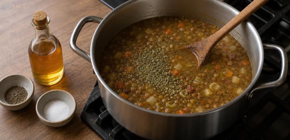 Klassische deutsche Linsensuppe aus eingeweichten Linsen – Zubereitung Schritt für Schritt – Suppe abschmecken