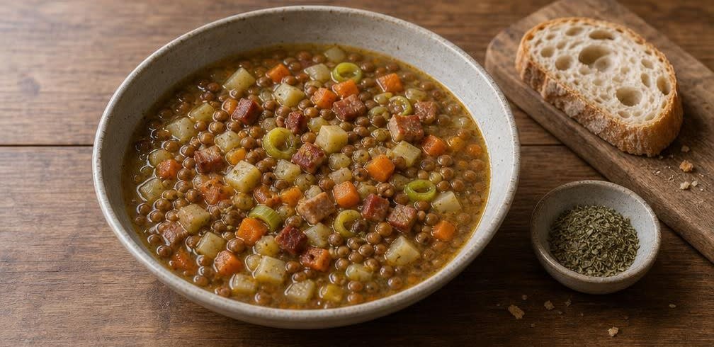 Klassische deutsche Linsensuppe aus eingeweichten Linsen – Zubereitung Schritt für Schritt – Anrichten