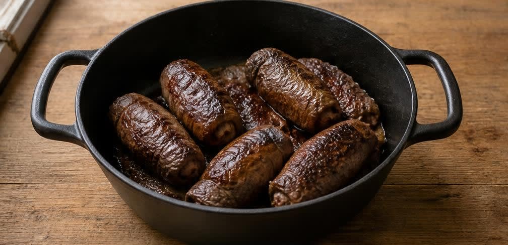 Klassische Rinderrouladen in dunkler Schmorsauce – Zubereitung Schritt für Schritt – Rouladen anbraten