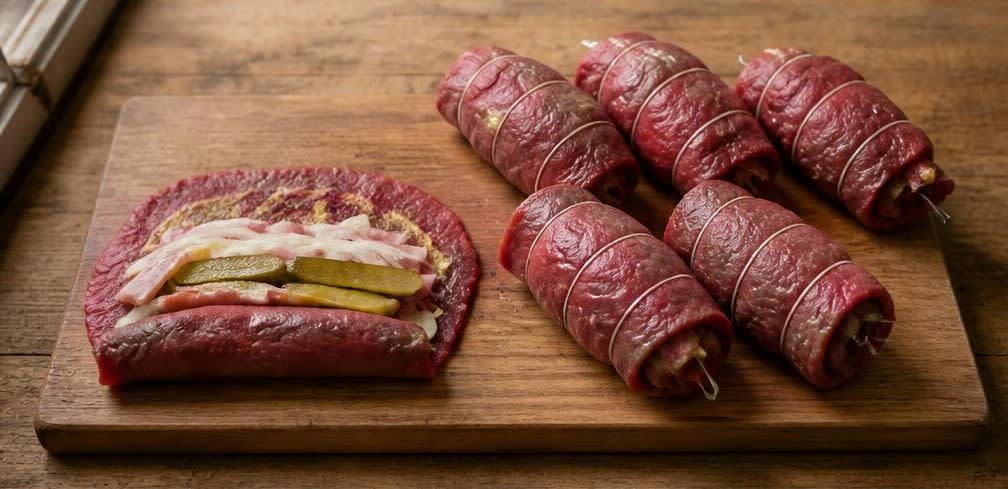 Klassische Rinderrouladen in dunkler Schmorsauce – Zubereitung Schritt für Schritt – Rouladen füllen und rollen