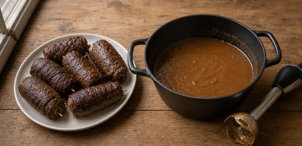 Klassische Rinderrouladen in dunkler Schmorsauce – Zubereitung Schritt für Schritt – Sauce pürieren