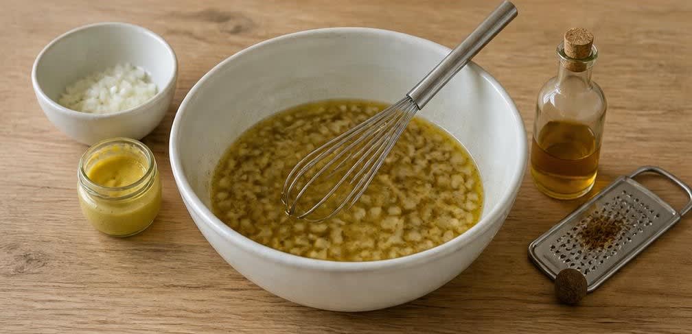Süddeutscher Kartoffelsalat mit kaltgepresstem Rapsöl – Zubereitung Schritt für Schritt – Brühemischung herstellen