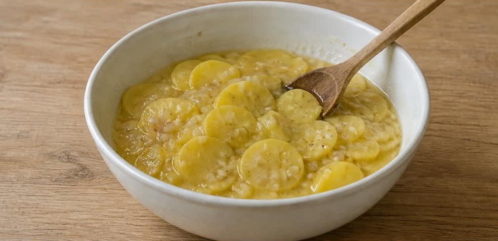 Süddeutscher Kartoffelsalat mit kaltgepresstem Rapsöl – Zubereitung Schritt für Schritt – Kartoffeln vermengen und ziehen lassen